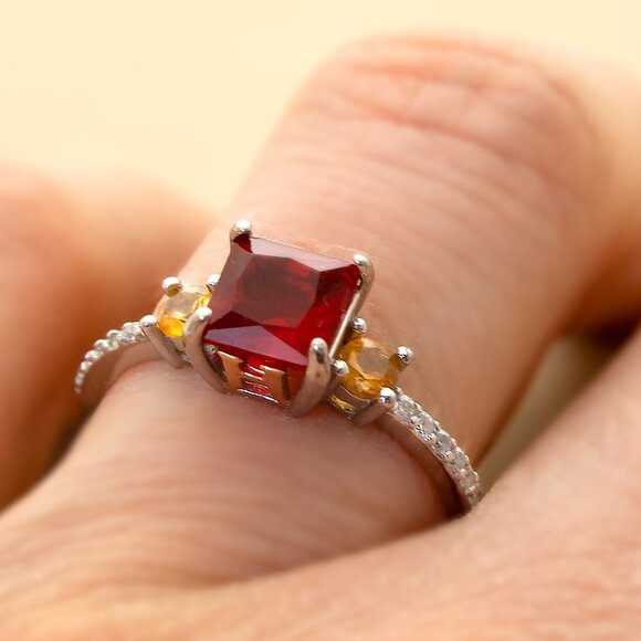 Vintage 925 Silver Ring with Red & Yellow CZ Stones, CZ Pave, Sz 7 Cocktail Ring - Picture 9 of 11